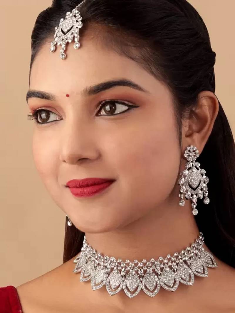 Sudiksha Jewellery Austrian Diamond Necklace Set Silver