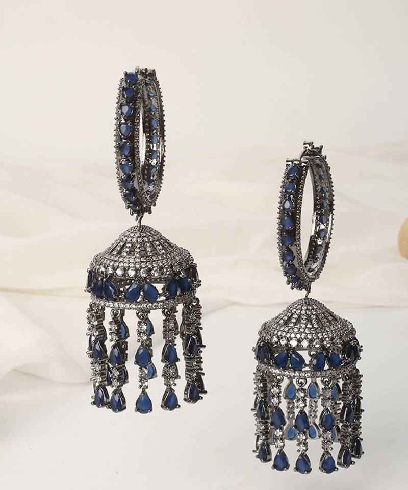 Blue Zirconia Jhumka Earrings Brass Rhodium Plated