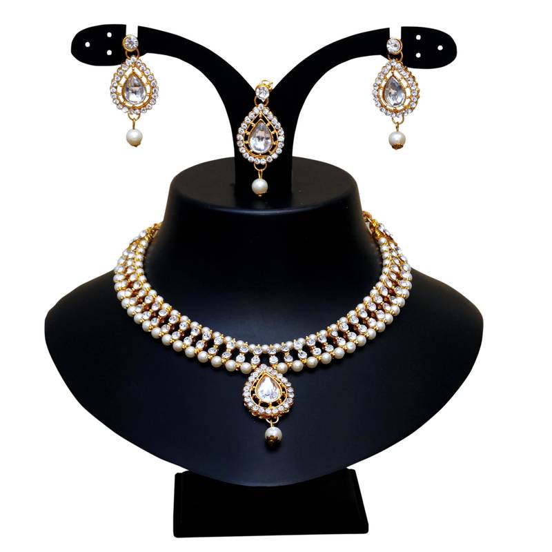 NAFJ White Agate Stone Necklace Set with Earrings and Maang Tikka Gold Plated