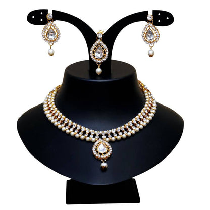 NAFJ White Agate Stone Necklace Set with Earrings and Maang Tikka Gold Plated