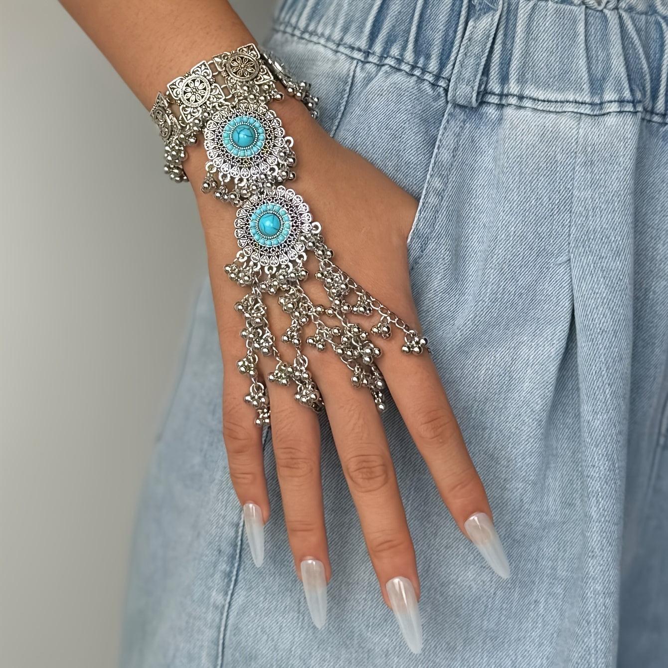 Indian Style Hand Chain Bracelet with Green Rhinestone and Tassels, Retro Alloy Wrist Jewelry