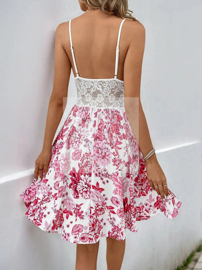 Lace Cutout Floral Print Cami Dress