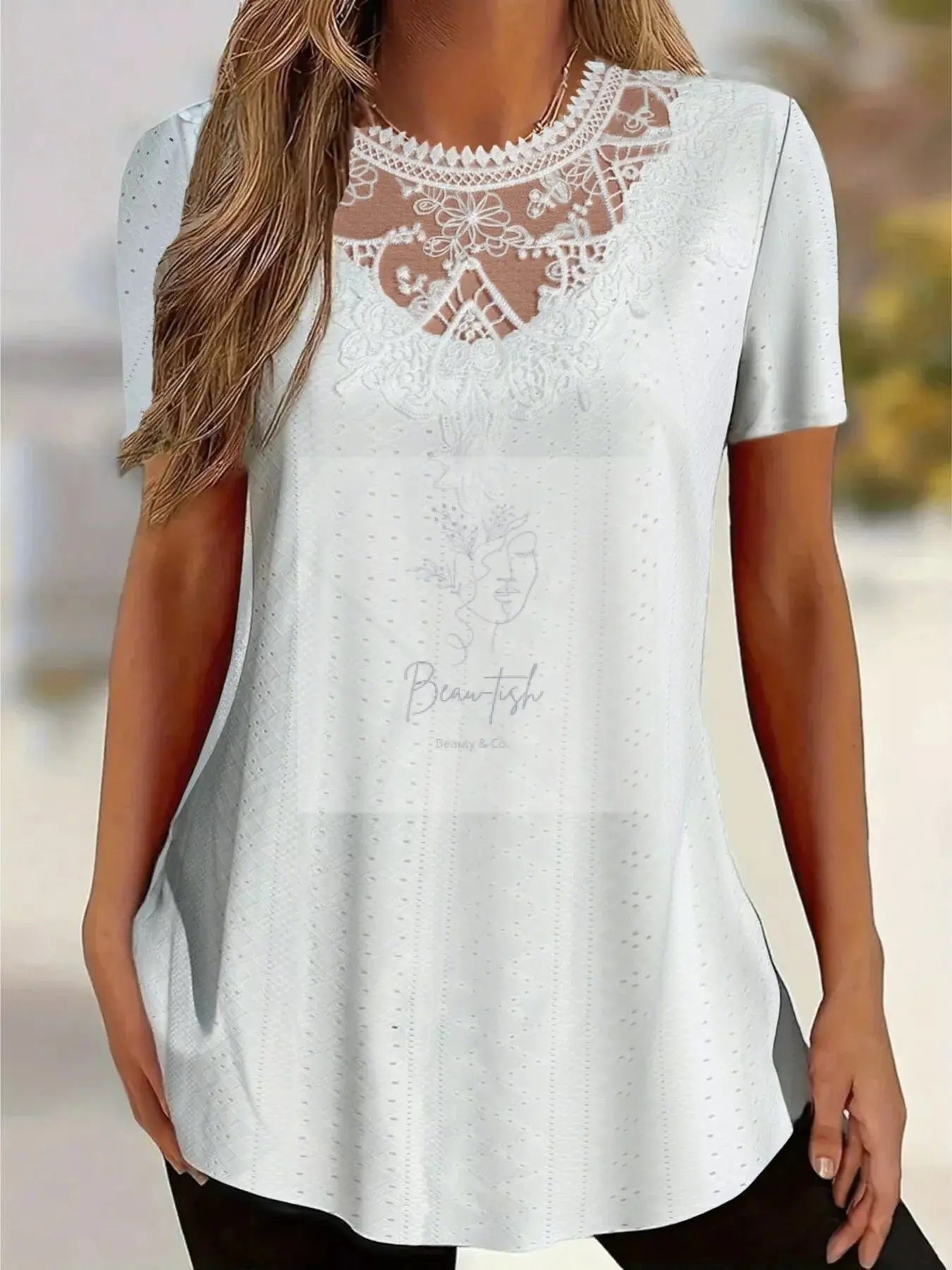 Lace Detail Eyelet Short Sleeve Top