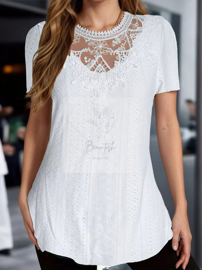 Lace Detail Eyelet Short Sleeve Top