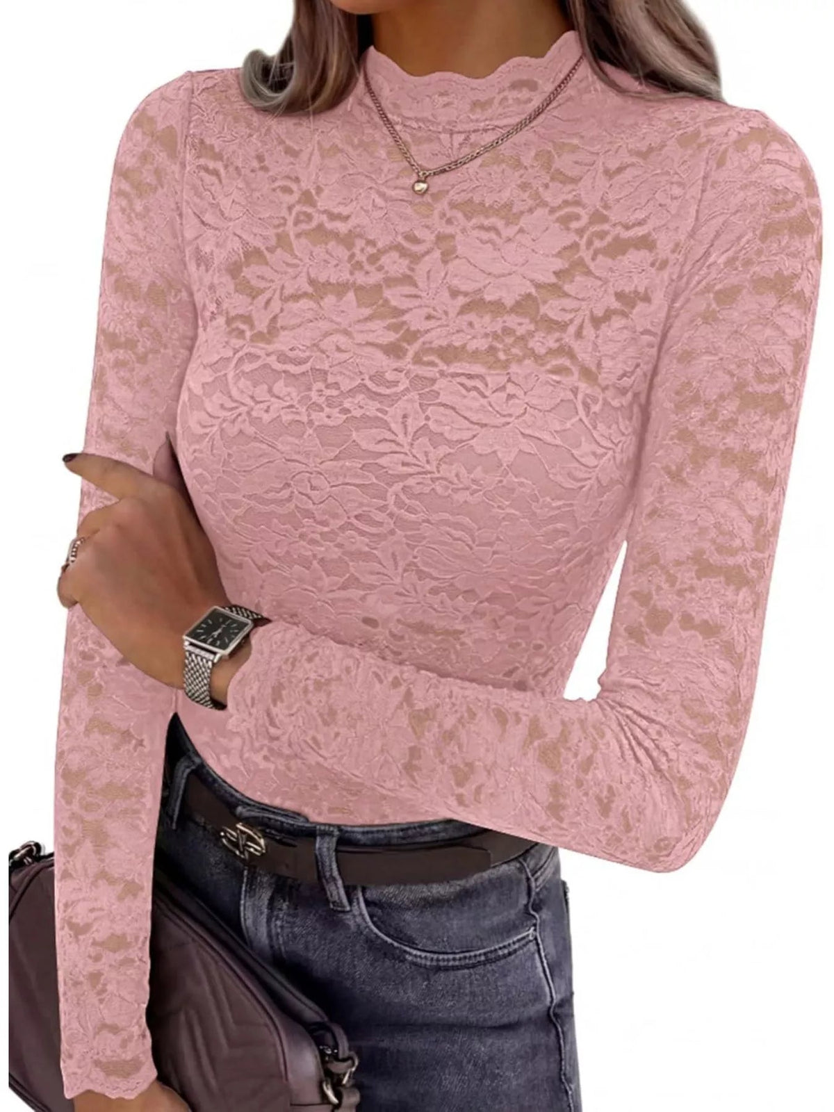 Lace Mock Neck Long Sleeve Top