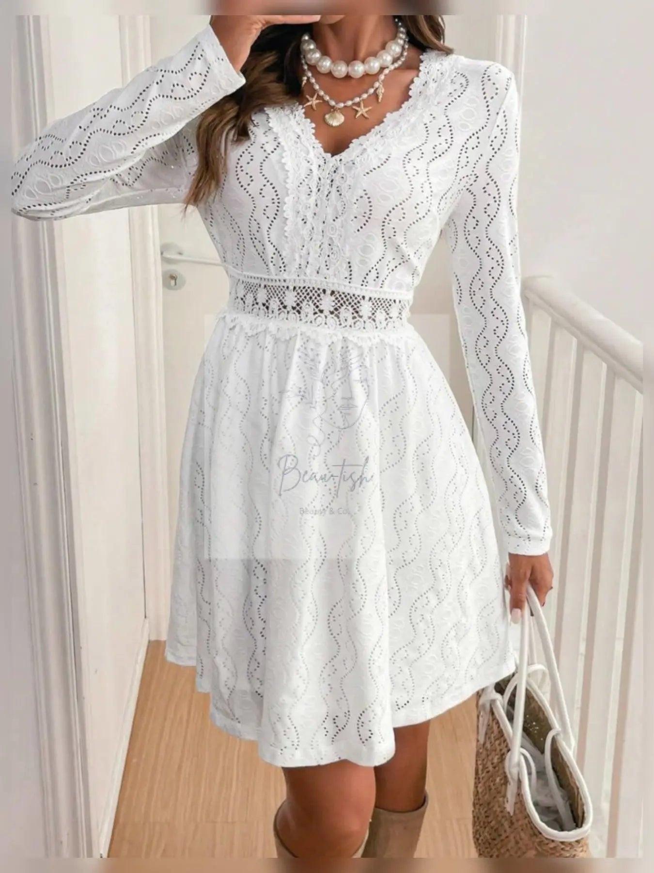 Lace Openwork Long Sleeve V-Neck Dress