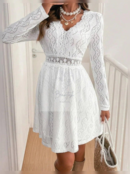 Lace Openwork Long Sleeve V-Neck Dress