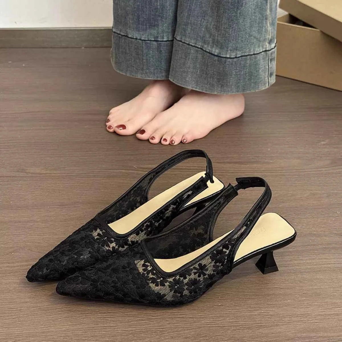 Lace Pointed-Toe Slingback Pumps