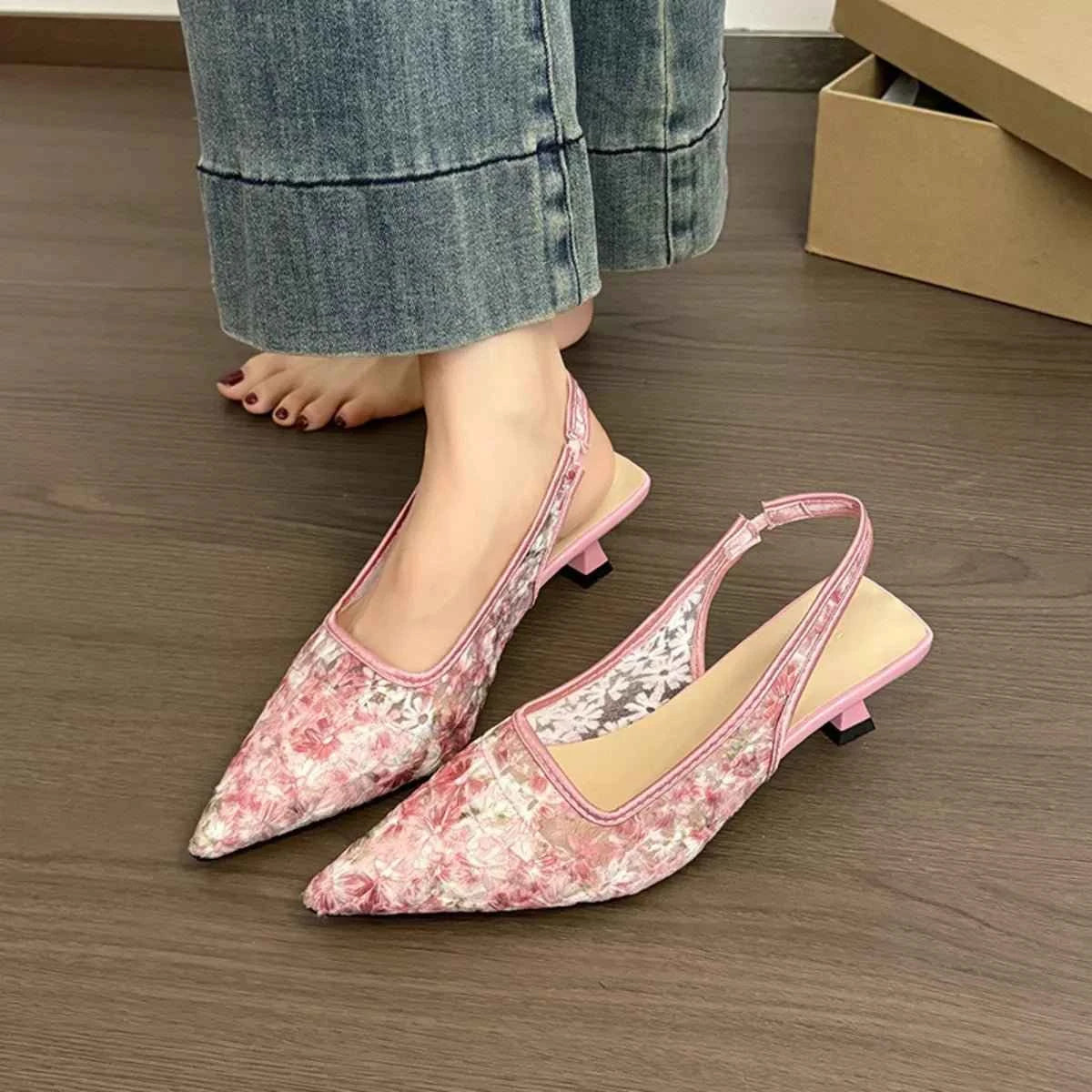 Lace Pointed-Toe Slingback Pumps