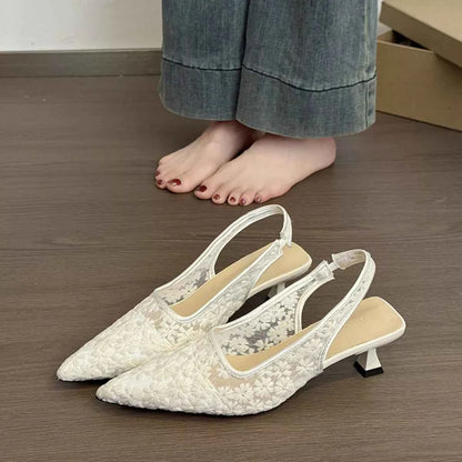 Lace Pointed-Toe Slingback Pumps