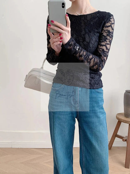 Lace Round Neck Long Sleeve Top