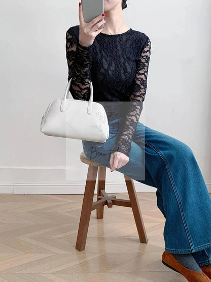Lace Round Neck Long Sleeve Top