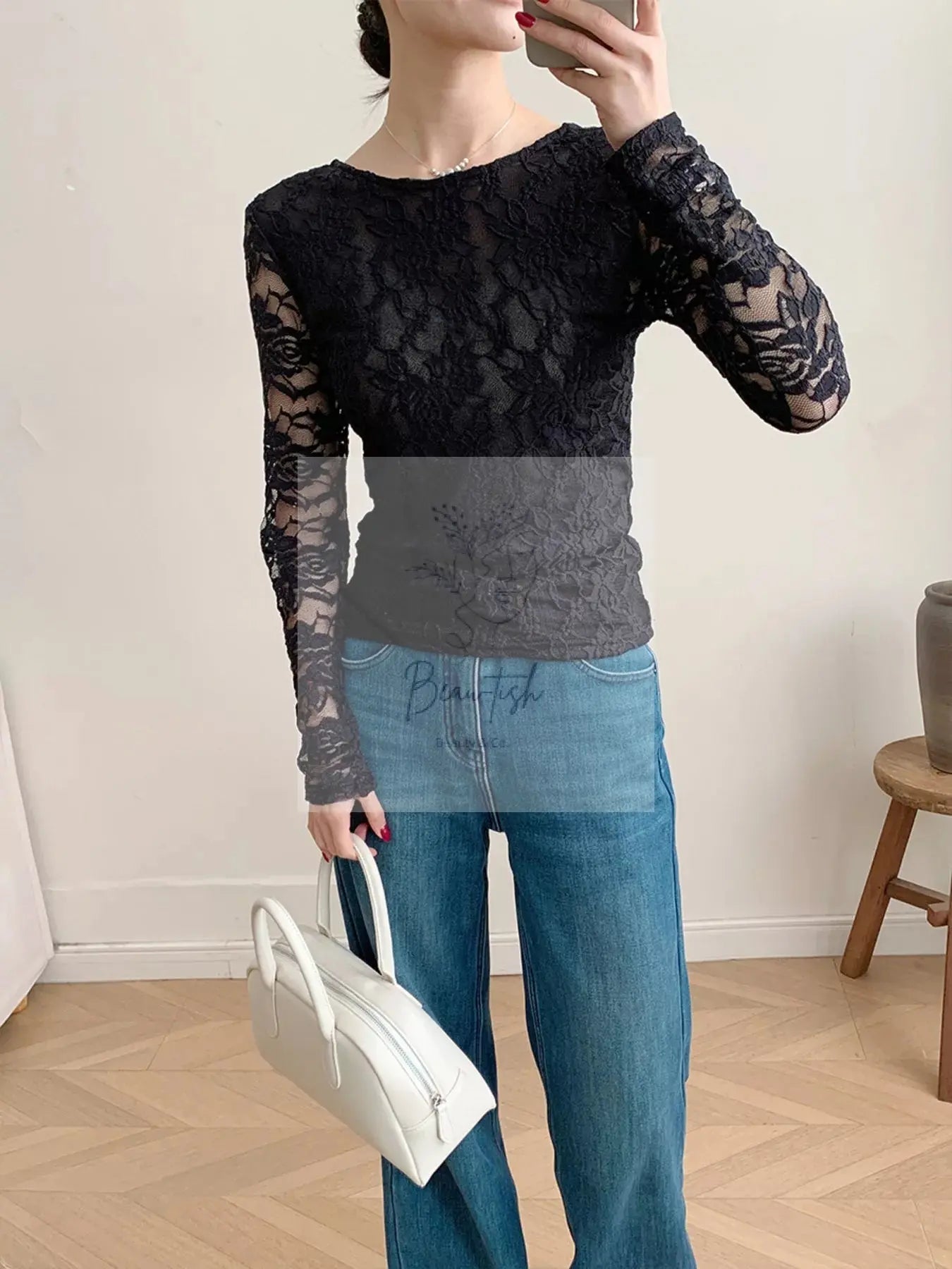 Lace Round Neck Long Sleeve Top