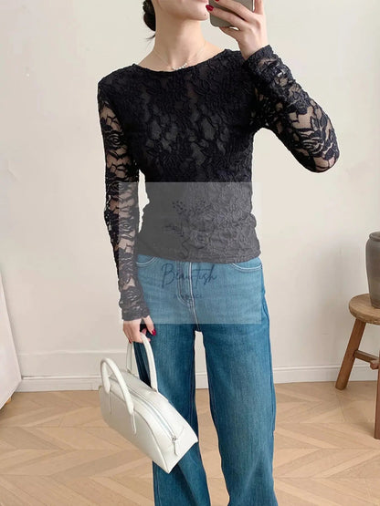 Lace Round Neck Long Sleeve Top