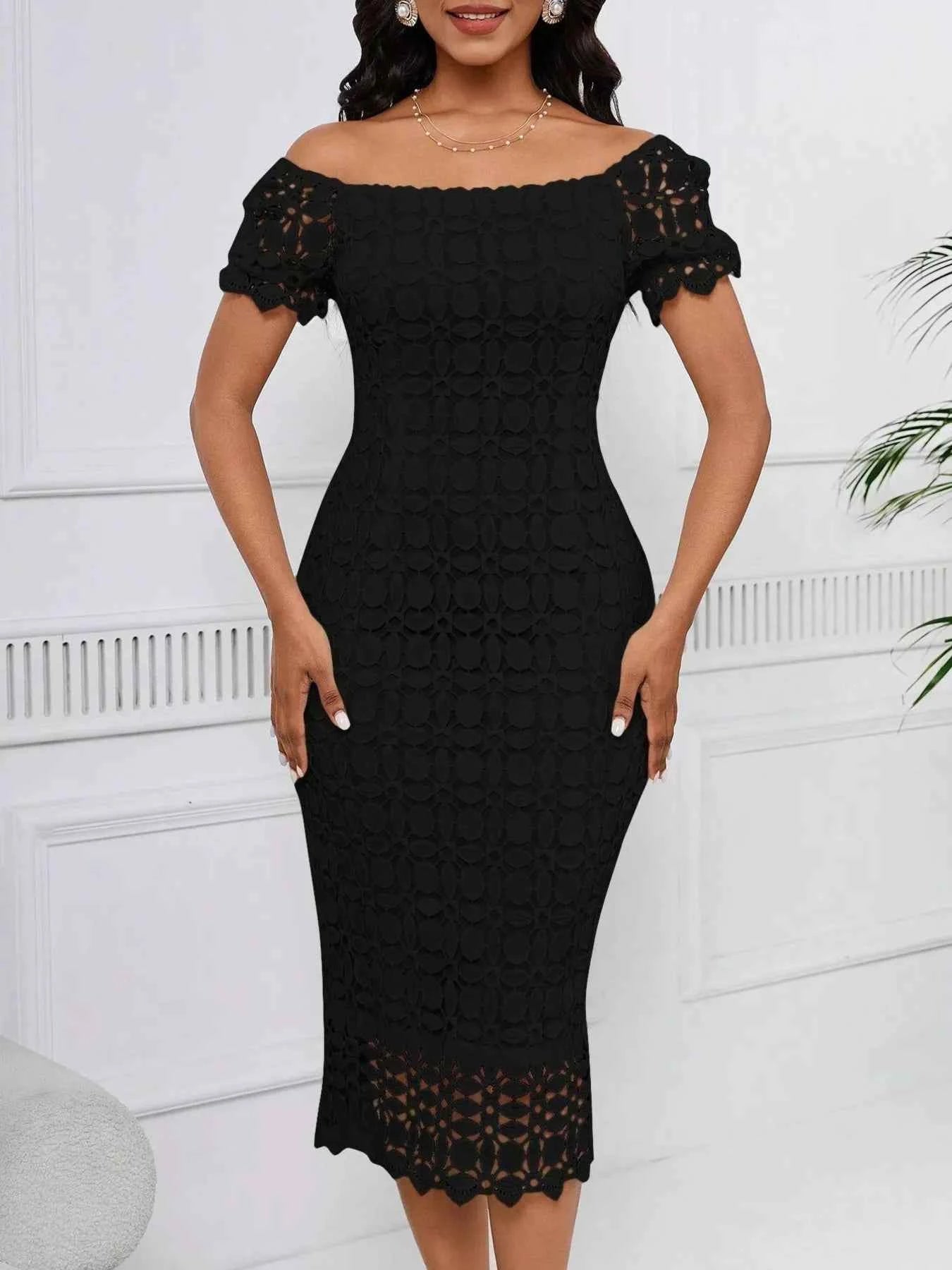 Lace Short Sleeve Midi Dress