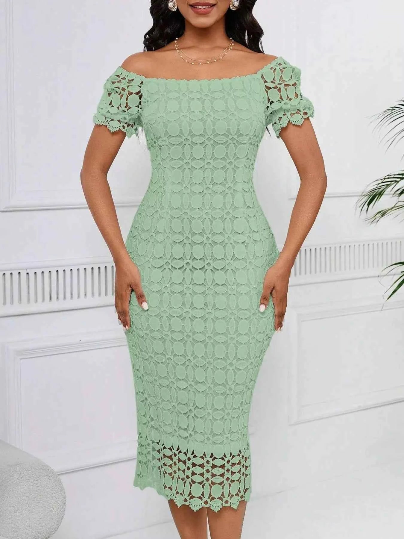 Lace Short Sleeve Midi Dress