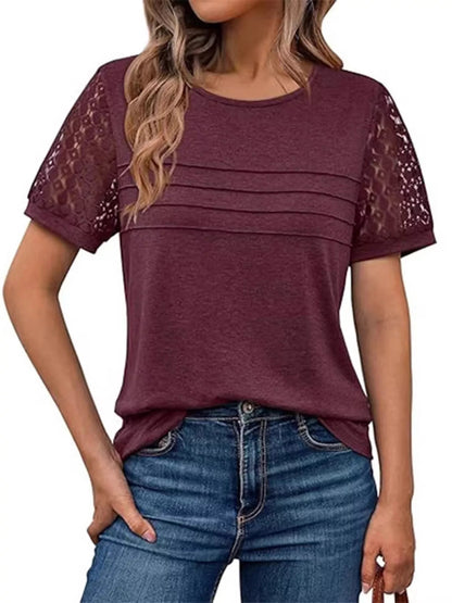 Lace Short Sleeve Round Neck T-Shirt