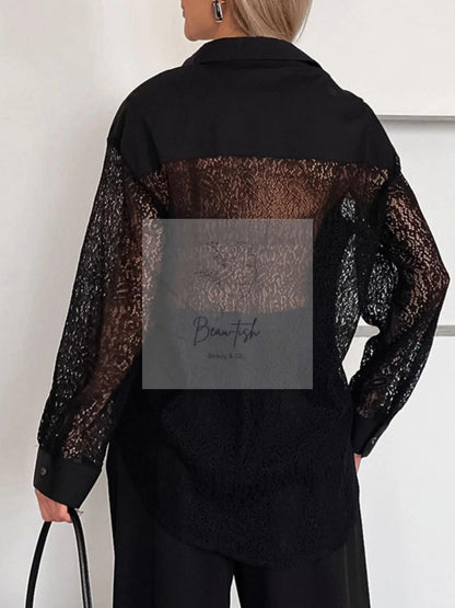 Lace Sleeve Button-Down Shirt