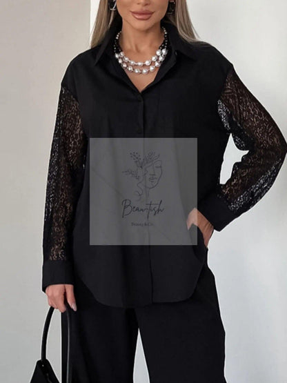 Lace Sleeve Button-Down Shirt