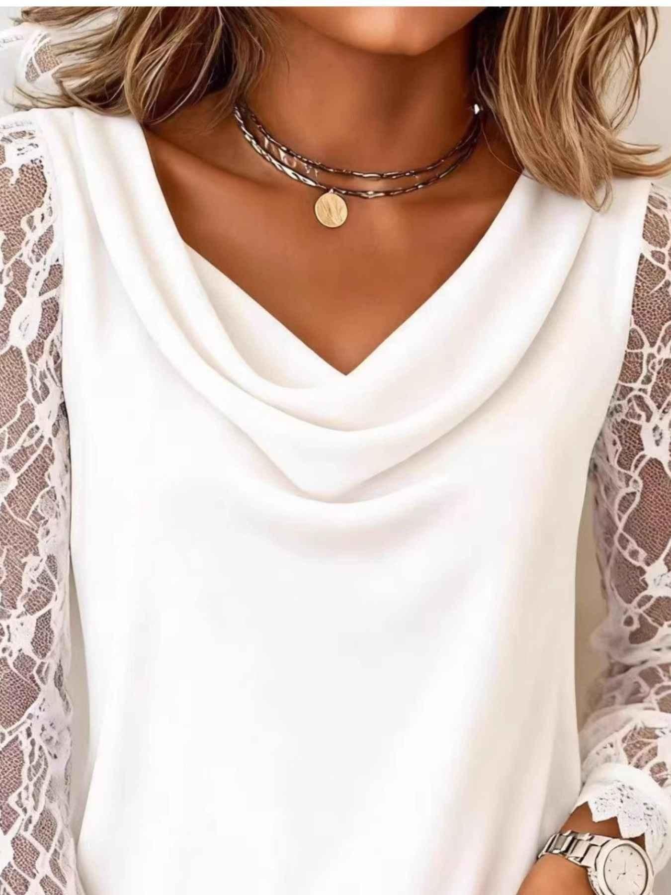 Lace Sleeve Cowl Neck Blouse