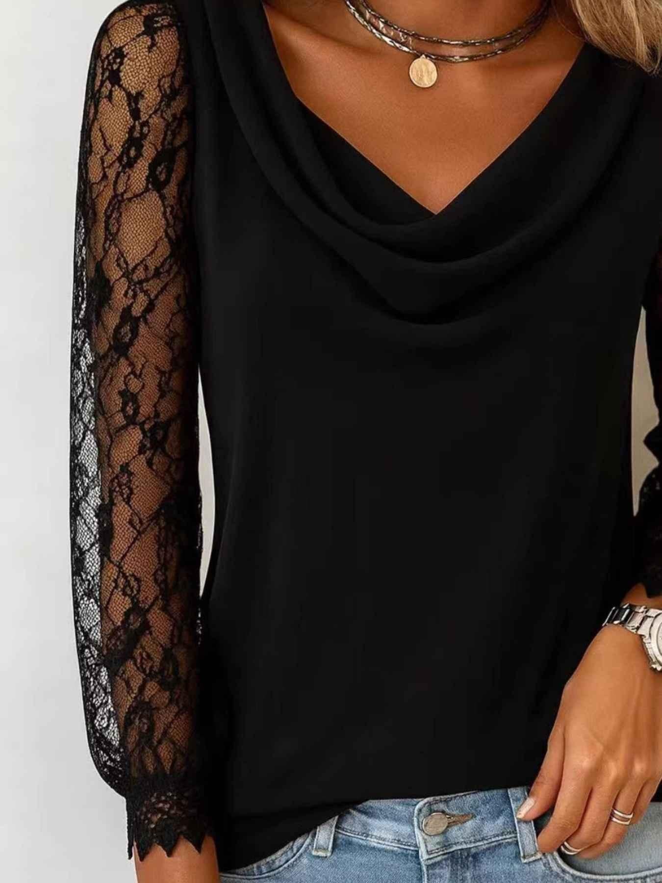 Lace Sleeve Cowl Neck Blouse
