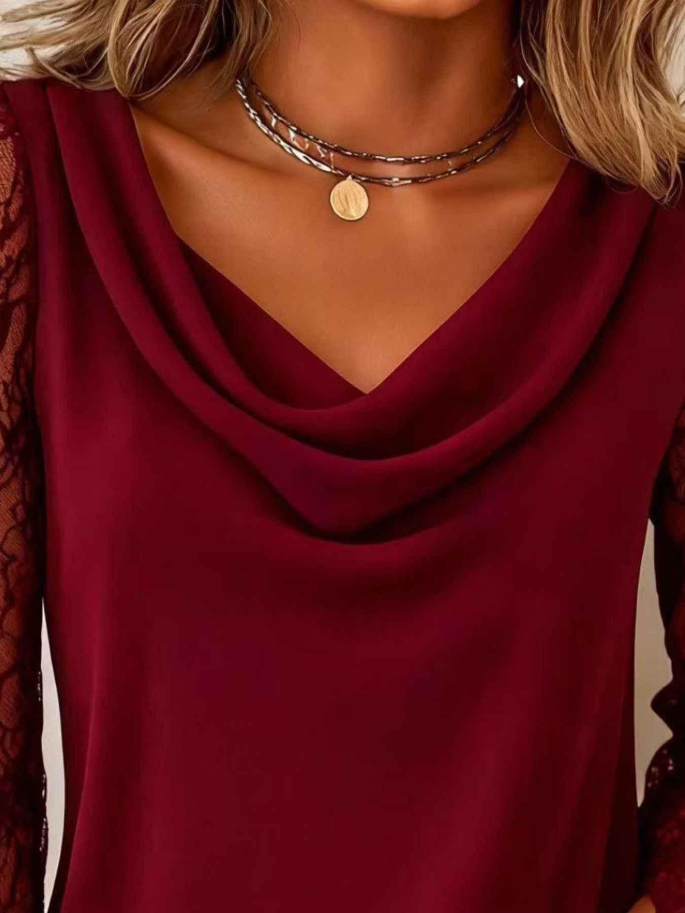 Lace Sleeve Cowl Neck Blouse
