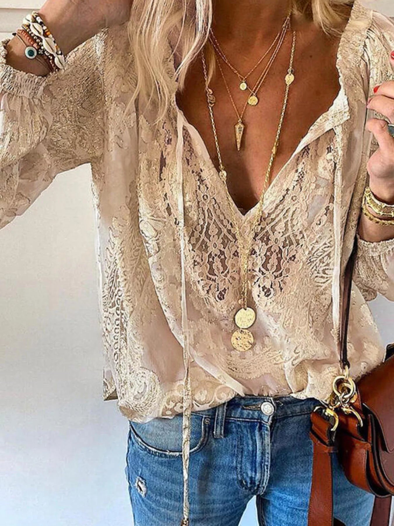 Lace Tie-Neck Sheer Blouse