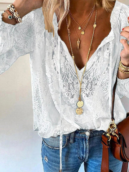 Lace Tie-Neck Sheer Blouse