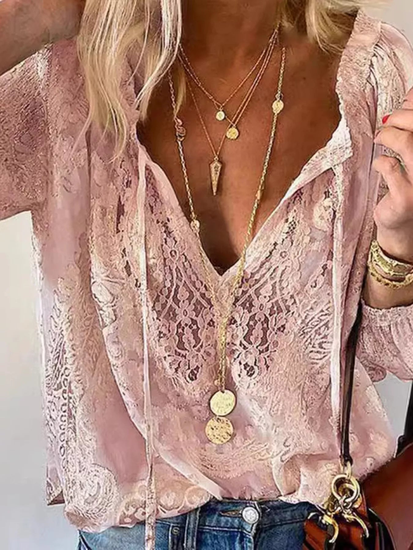 Lace Tie-Neck Sheer Blouse