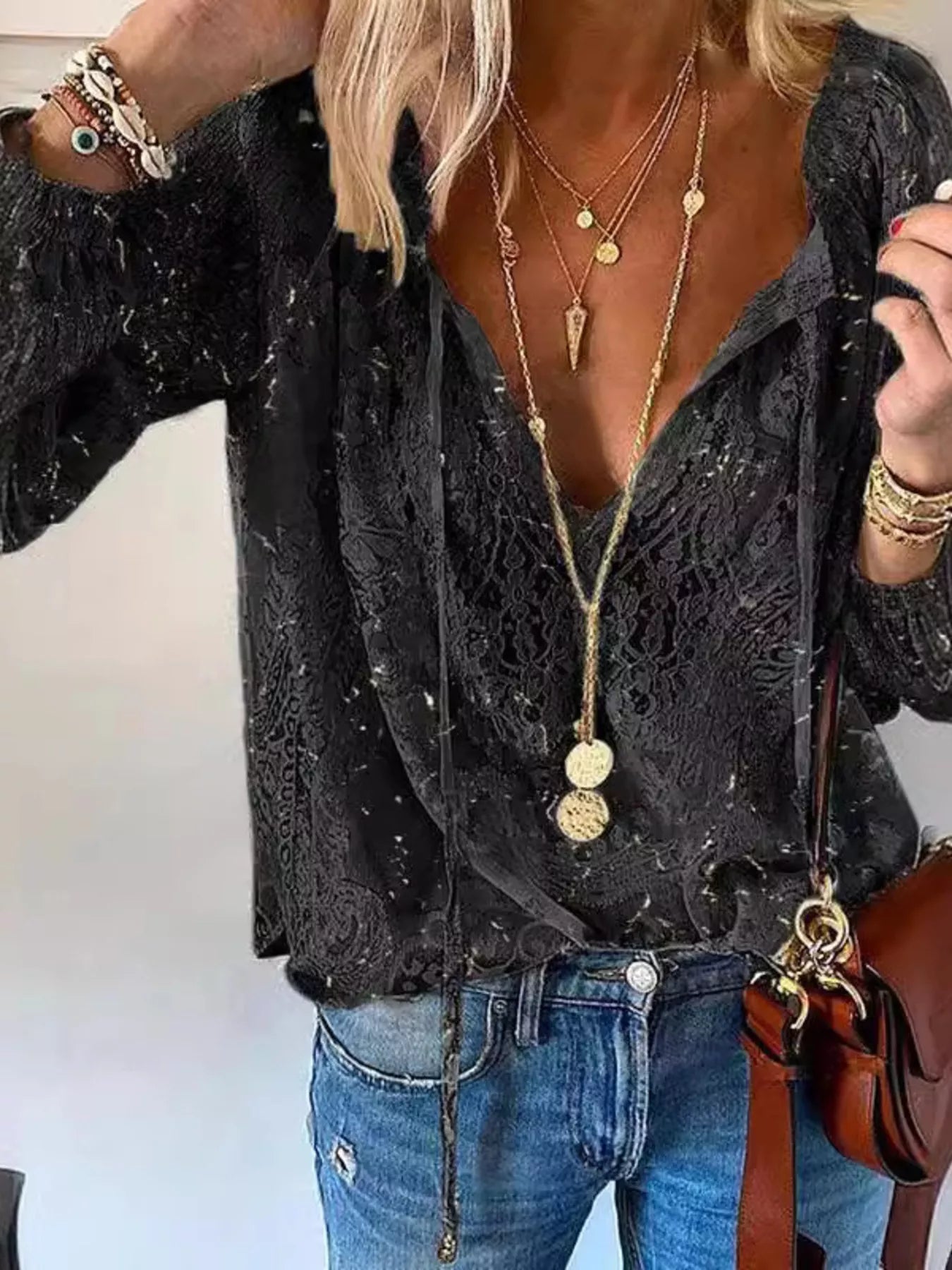 Lace Tie-Neck Sheer Blouse