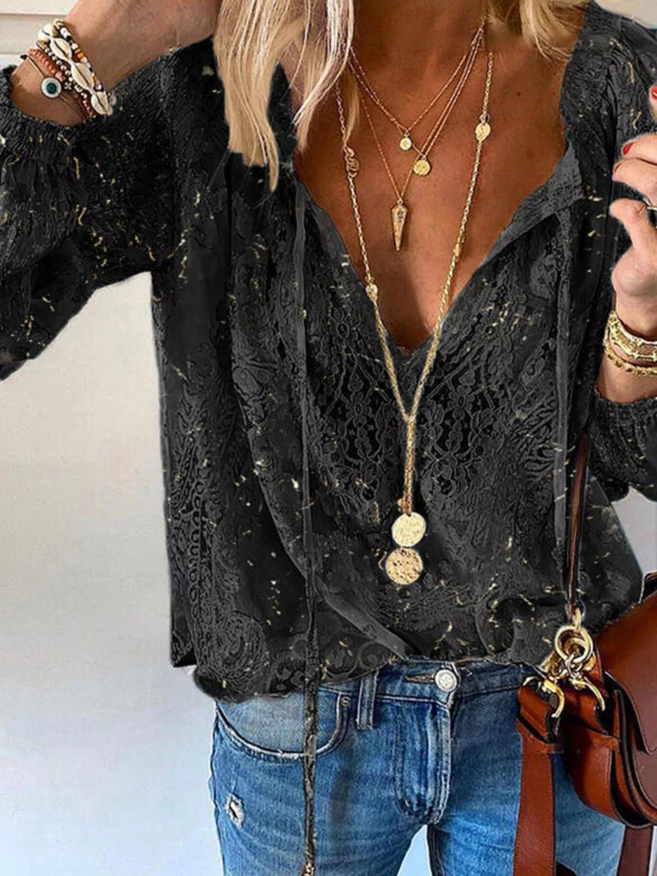 Lace Tie-Neck Sheer Blouse