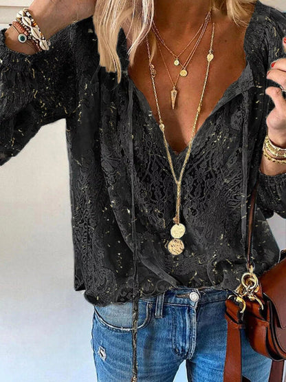 Lace Tie-Neck Sheer Blouse