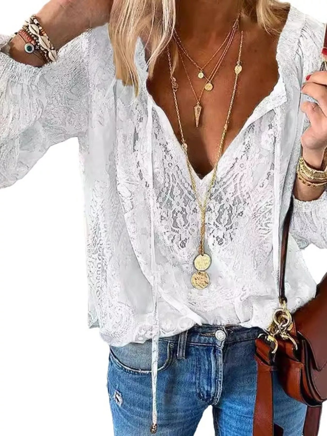 Lace Tie-Neck Sheer Blouse