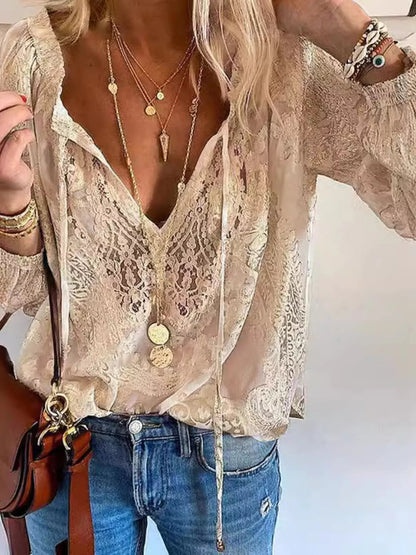 Lace Tie-Neck Sheer Blouse