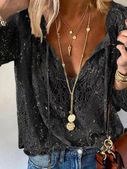 Lace Tie-Neck Sheer Blouse