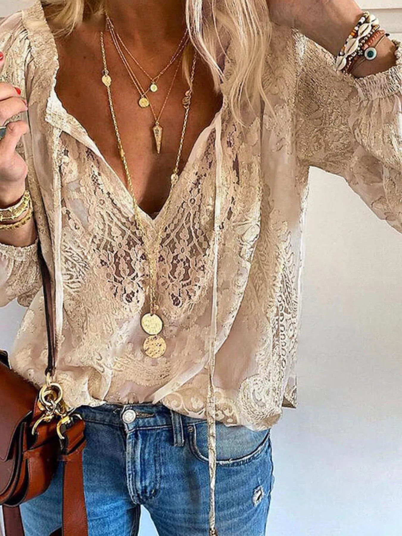 Lace Tie-Neck Sheer Blouse