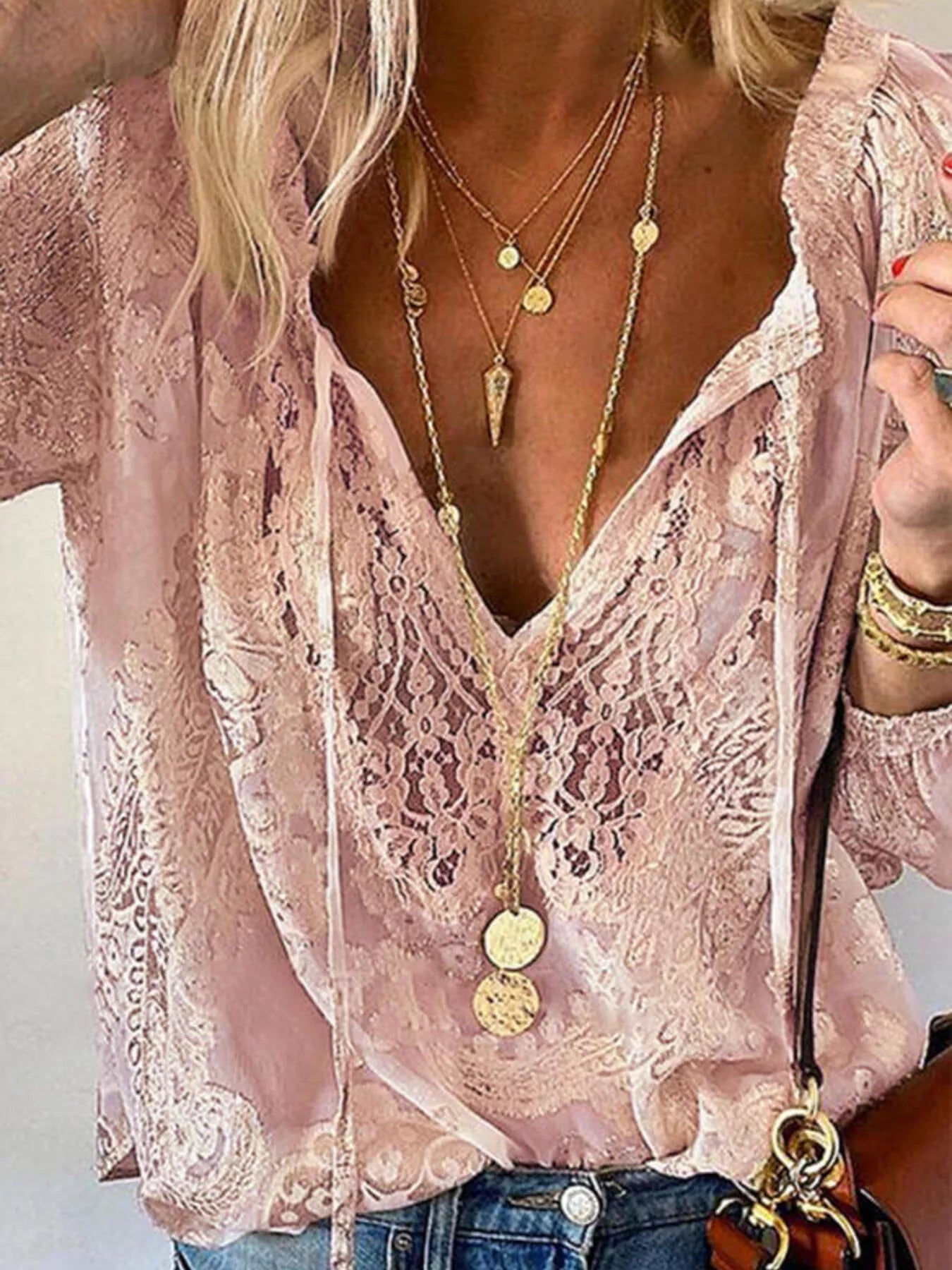 Lace Tie-Neck Sheer Blouse