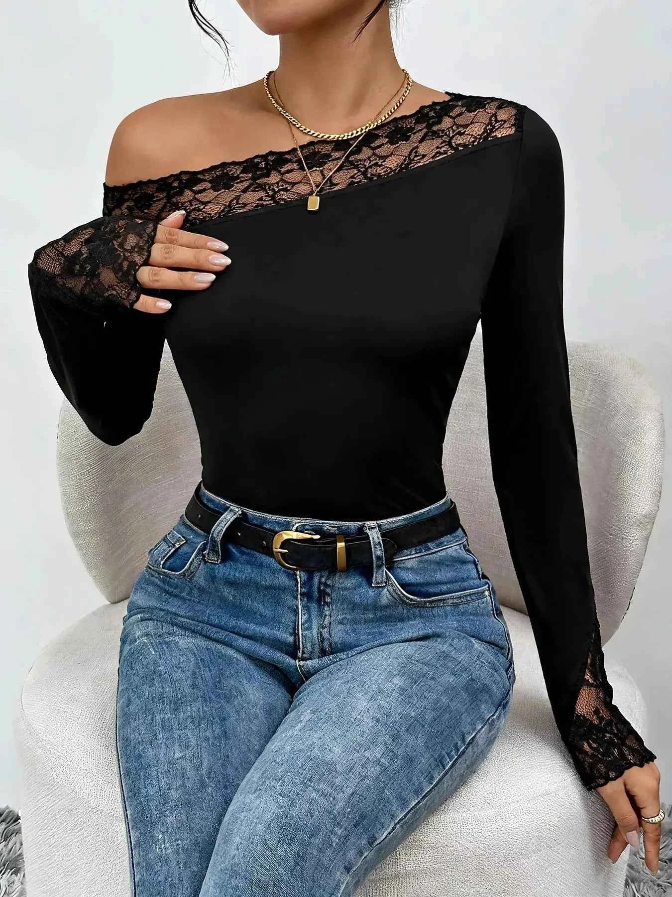 Lace Trim One Shoulder Bodysuit