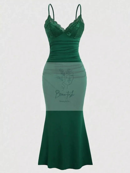 Lace Trim Ruched Mermaid Dress
