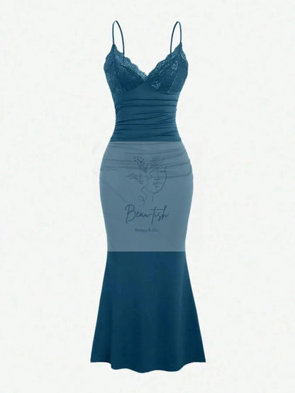 Lace Trim Ruched Mermaid Dress