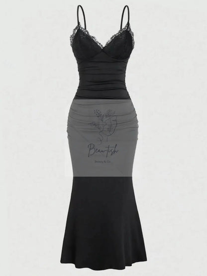 Lace Trim Ruched Mermaid Dress