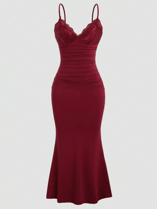 Lace Trim Ruched Mermaid Dress