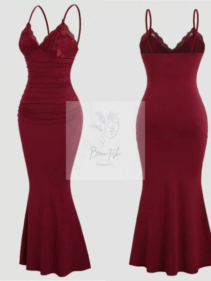 Lace Trim Ruched Mermaid Dress