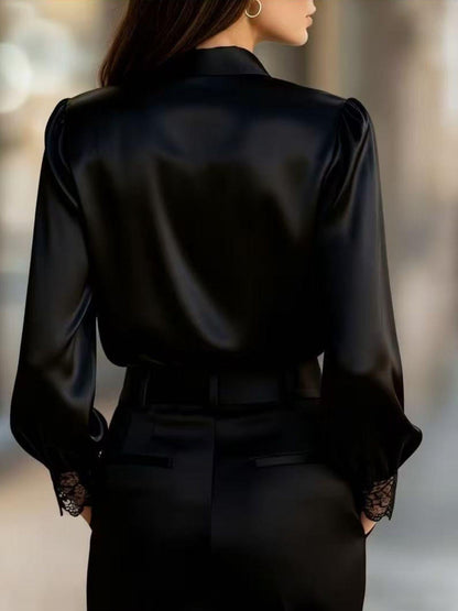 Lace Trim Satin Button Up Shirt