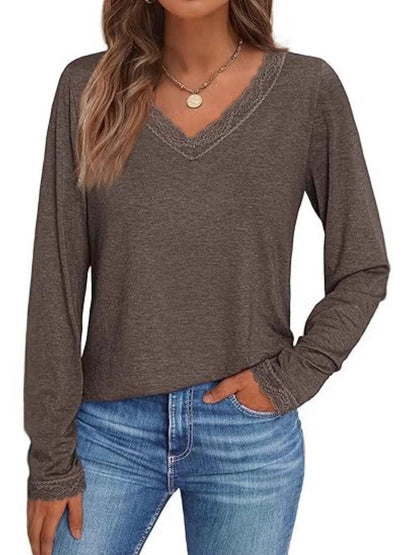 Lace Trim V-Neck Long Sleeve T-Shirt