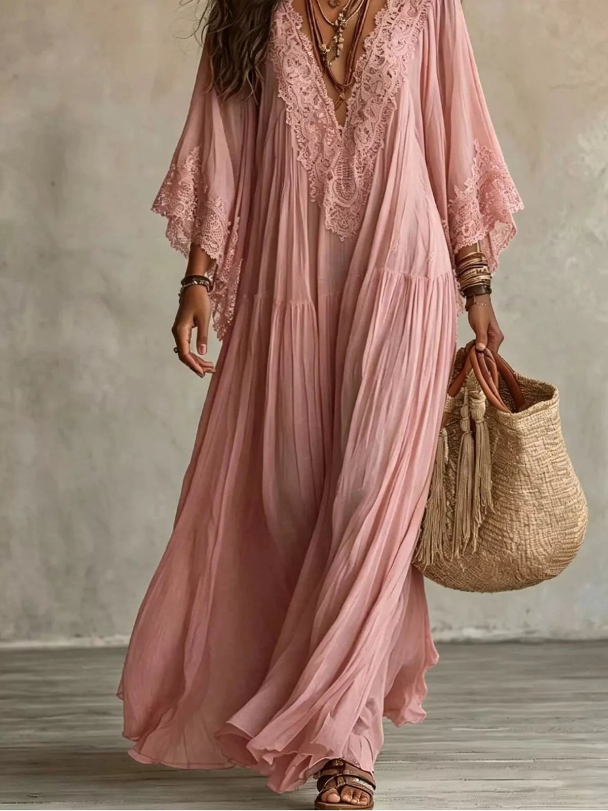Lace Trim V-Neck Maxi Dress