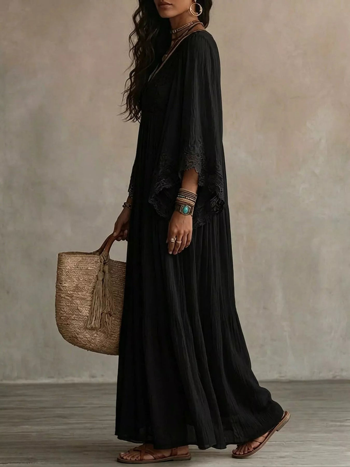 Lace Trim V-Neck Maxi Dress