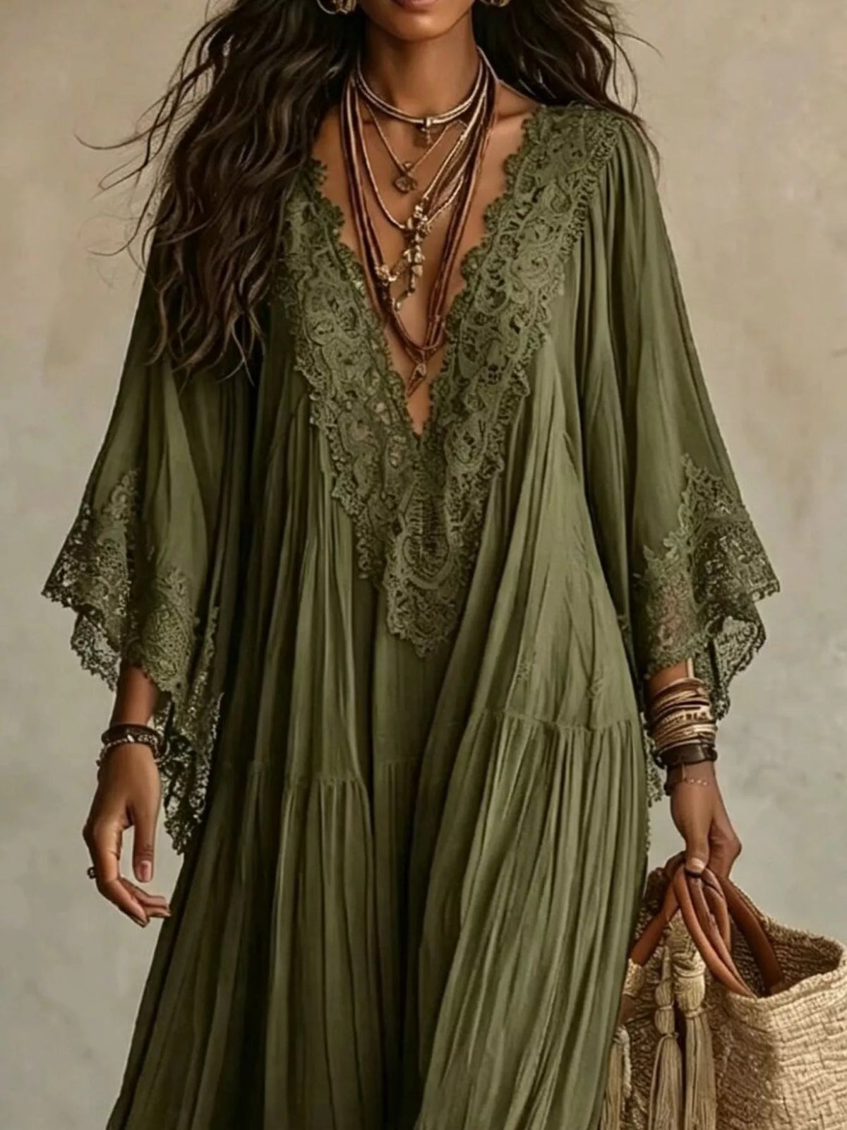 Lace Trim V-Neck Maxi Dress