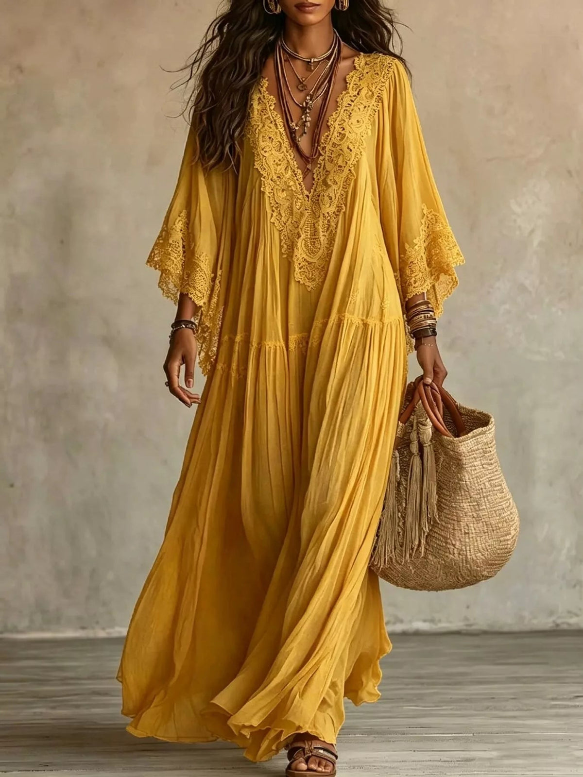Lace Trim V-Neck Maxi Dress