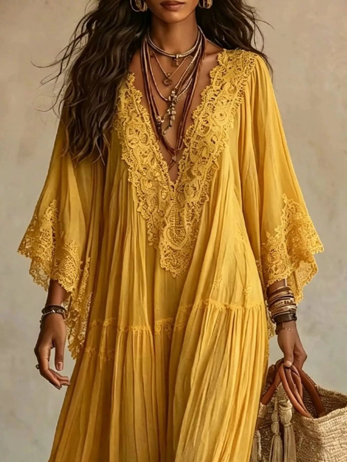 Lace Trim V-Neck Maxi Dress